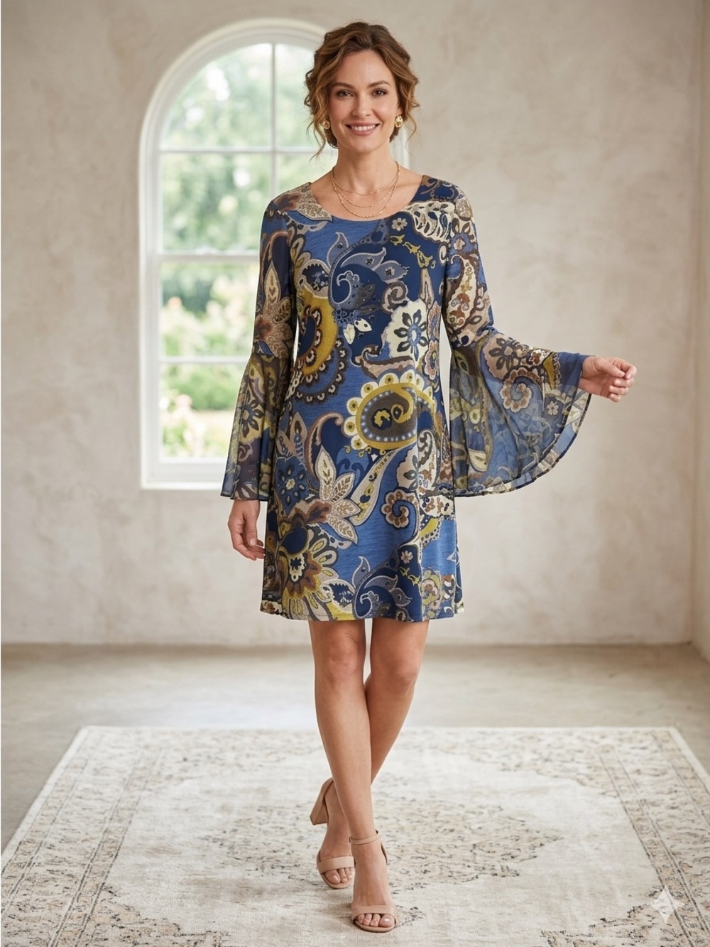 MSK Medium Paisley Boho Bell Sleeve Tunic Mini Dress Blue Brown Earthy Whimsical